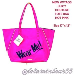 NEW W/TAGS JUICY COUTURE LARGE TOTE BAG WITH FRONT ZIPPER DECOR, FUN PINK PRINT